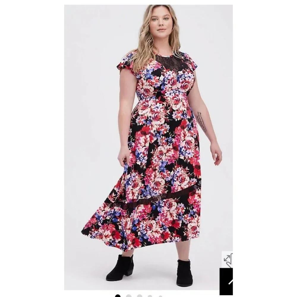 Women's NWT Torrid Black Skater Midi Dress- Studio Knit Lace Neck Floral, Size 4 - Picture 1 of 6